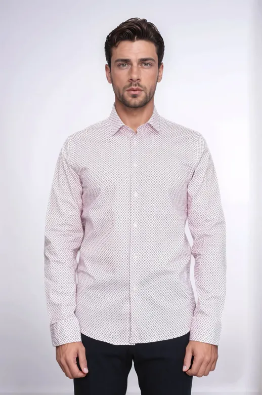 Açık Bordo Mini Kare Desenli Slim Fit Erkek Gömlek - Wessi - XXL / Bordo