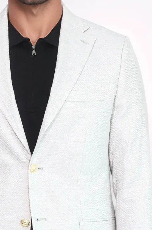 Açık Gri Balıksırtı Desenli Gold Renk Metal  Düğmeli Slim Fit Erkek Blazer Ceket - Wessi