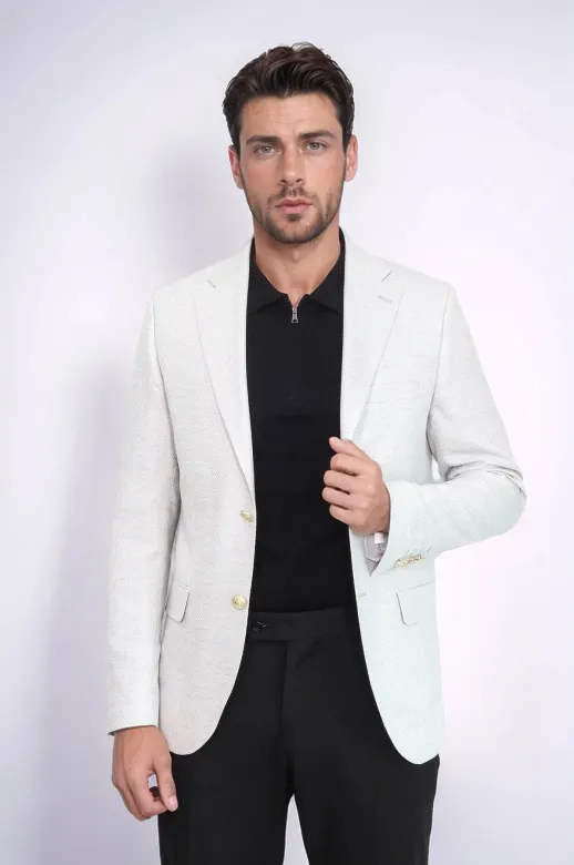 Açık Gri Balıksırtı Desenli Gold Renk Metal  Düğmeli Slim Fit Erkek Blazer Ceket - Wessi
