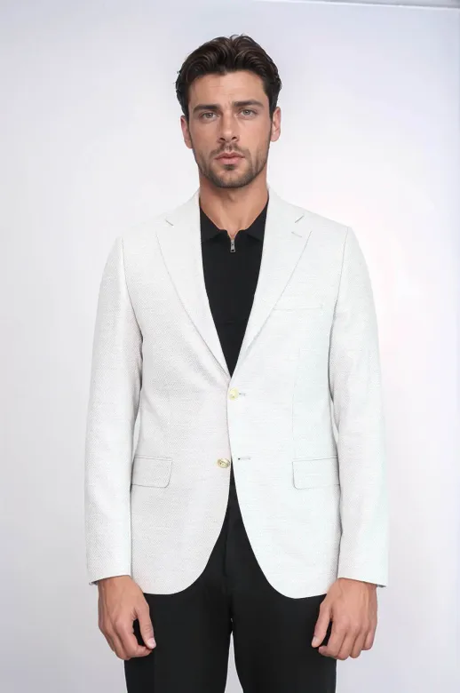 Açık Gri Balıksırtı Desenli Gold Renk Metal  Düğmeli Slim Fit Erkek Blazer Ceket - Wessi