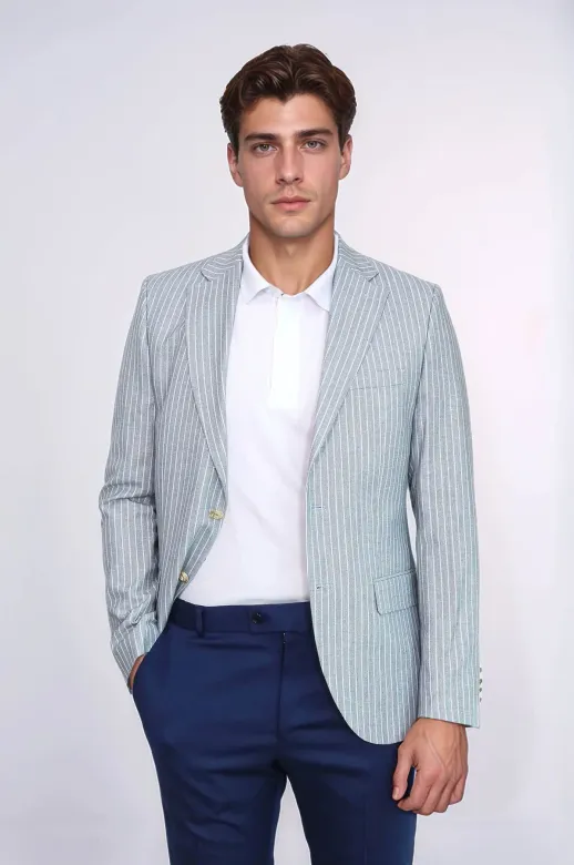 Açık Mavi Çizgili Keten Dokulu Gold Renk Metal Düğmeli Slim Fit Erkek Blazer Ceket – Wessi