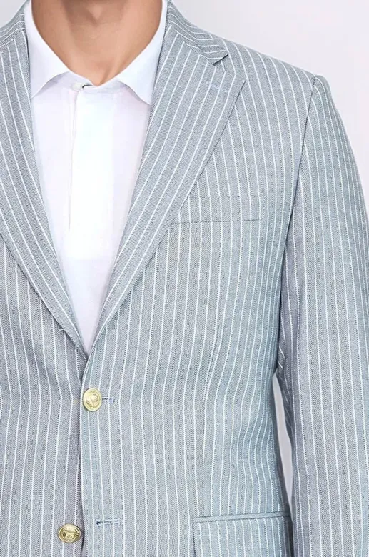 Açık Mavi Çizgili Keten Dokulu Gold Renk Metal Düğmeli Slim Fit Erkek Blazer Ceket – Wessi