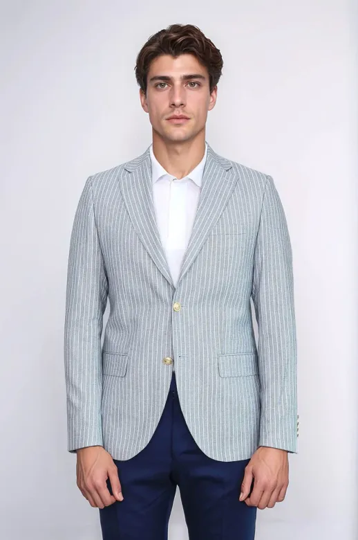 Açık Mavi Çizgili Keten Dokulu Gold Renk Metal Düğmeli Slim Fit Erkek Blazer Ceket – Wessi