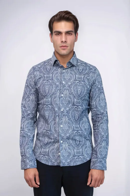 Açık Mavi Desenli Slim Fit Gömlek - Wessi - S / Mavi