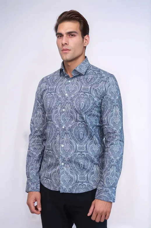 Açık Mavi Desenli Slim Fit Gömlek - Wessi - S / Mavi