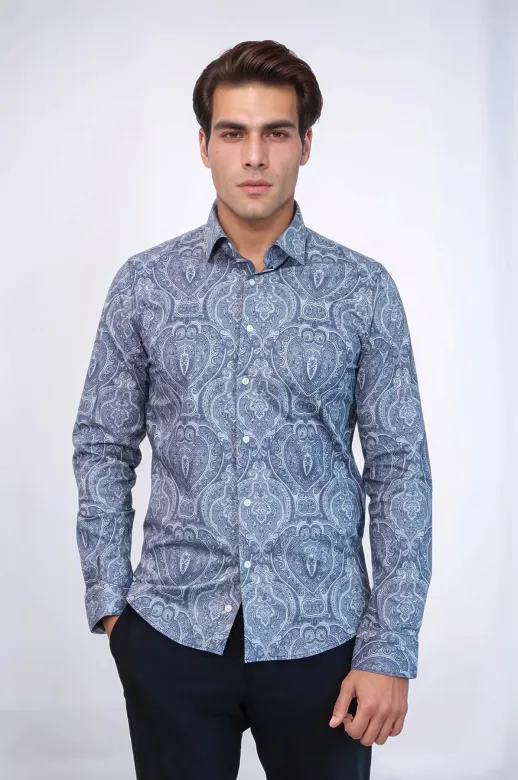 Açık Mavi Desenli Slim Fit Gömlek - Wessi - XL / Mavi