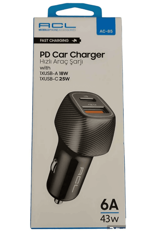 ACL Ac-85 Pd Quick Charge 3.0 Usbx2 6A, 43 Watt, Araç Içi Hızlı Şarj Aleti Type C Girişli