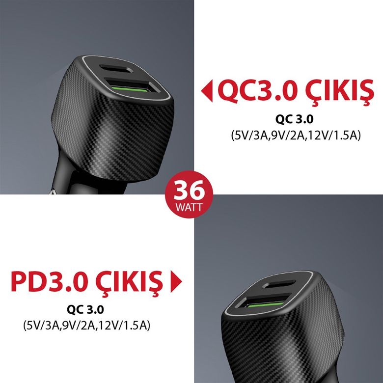 ACL Ac-85 Pd Quick Charge 3.0 Usbx2 6A, 43 Watt, Araç Içi Hızlı Şarj Aleti Type C Girişli