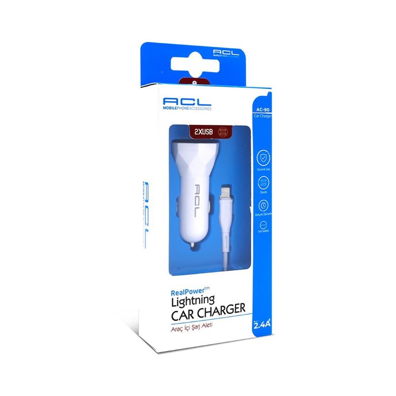Acl Ac-90 10W Lightning Usb Kablolu 2.4A Usbx2 Araç İçi Şarj Aleti