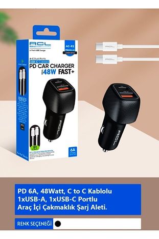 ACL Ac-92 Pd 6A 48Watt, 1Xusb-A, 1Xusb-C, Type-C Kablo Araç İçi Şarj