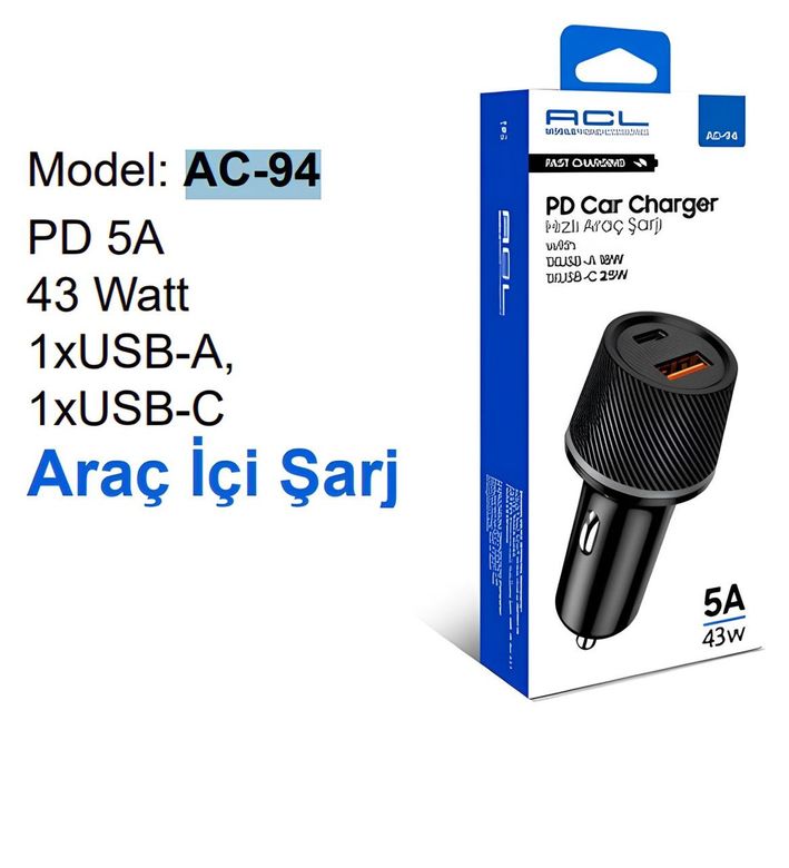 Acl Ac-94 Pd 5A 43 Watt 1Xusb-A, 1Xusb-C Araç İçi Şarj Cihazı
