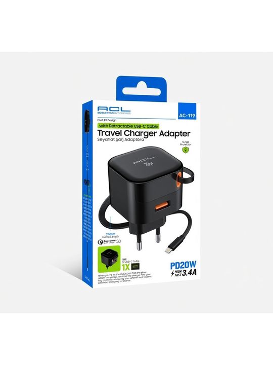 ACL AC119 20W Pd + 3.4A Hızlı Şarj | Geri Çekilebilir Usb-C Kablolu Seyahat Adaptörü