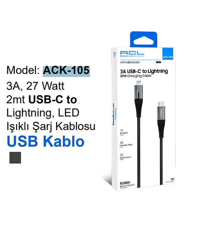 Acl Ack-105 3A 27 W 2 Mt Usb-C To Lightning Led Işıklı Usb Uyumlu Şarj Kablosu