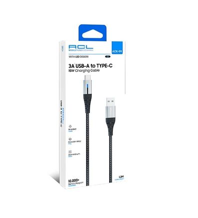 Acl Ack-99 3A 15 Watt 1.2Mt Usb-A To Type-C Led Işıklı Şarj Kablosu Usb Kablo