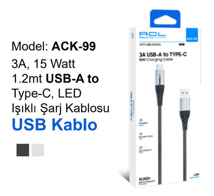 Acl Ack-99 3A 15 Watt 1.2Mt Usb-A To Type-C Led Işıklı Şarj Kablosu Usb Kablo