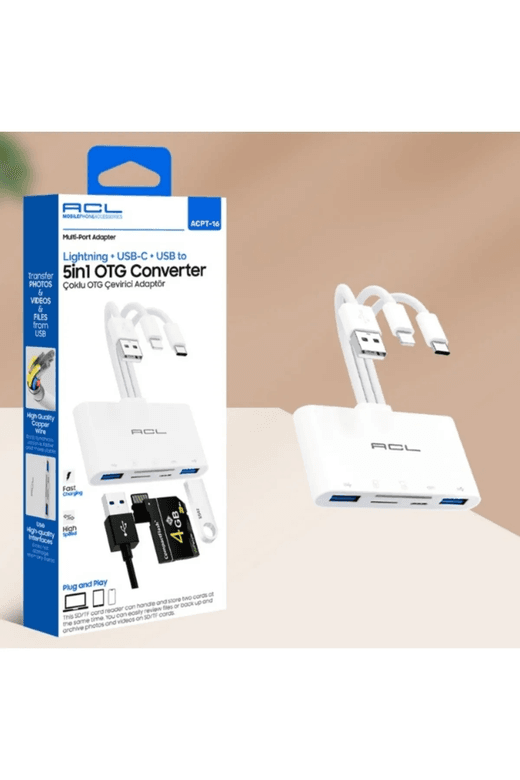 Acl Acpt-16 5In1, Lightning + Usb-C + Usb To Girişli Çoklu Port Adoptörü Otg Converter