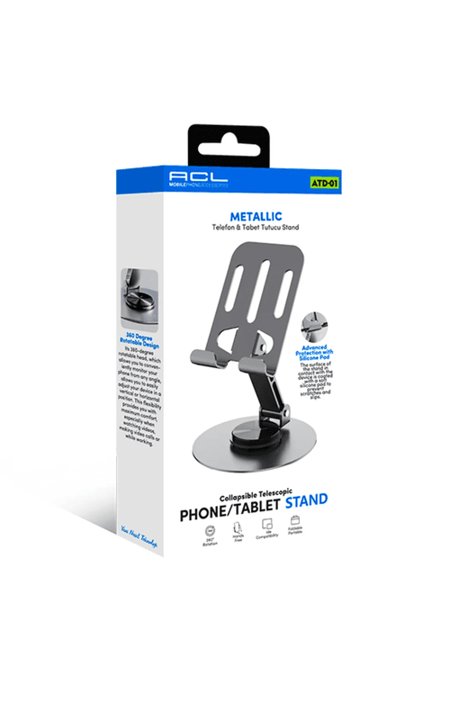 Acl Metalik Telefon Ve Tablet Tutucu Stand - Atd-01 | 360 Derece Dönen, Katlanabilir Ve Silikon Koru