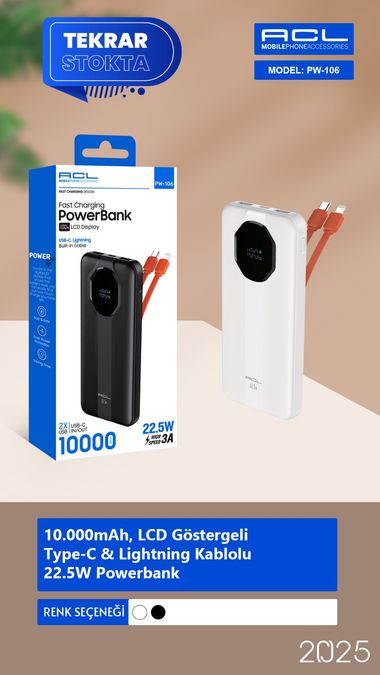 ACL Pw-106 Usb-C Ve Lightning Kablolu 22.5W,10.000Mah Hızlı Şarj Powerbank