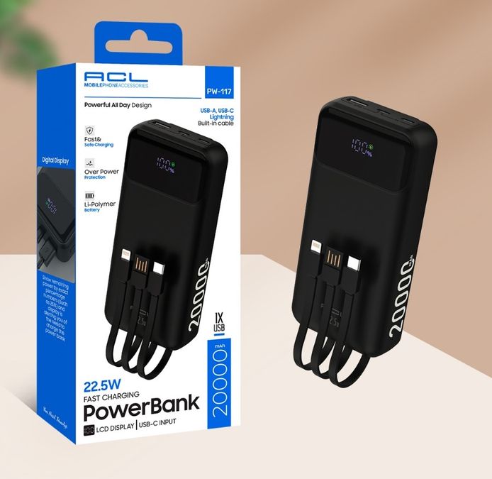 ACL Pw-117 22.5W Hızlı Şarjlı Lcd Göstergeli 20.000Mah Dahili Kablolu Powerbank