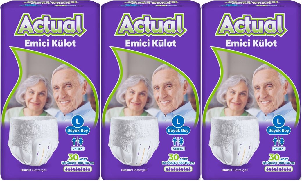 Actual Emici Külot Yetişkin Bezi L - Large - Büyük (Islaklık Göstergeli) 90 Adet (3PK*30)
