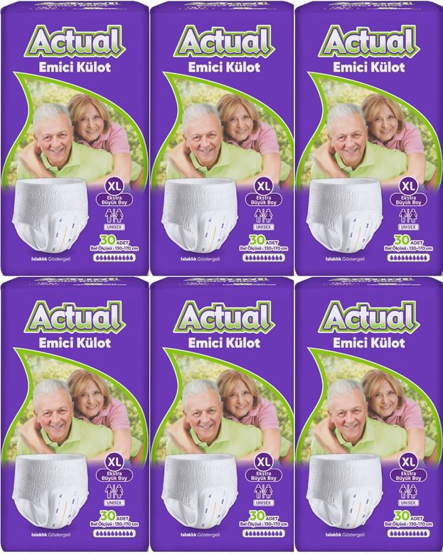 Actual Emici Külot Yetişkin Bezi XL - Extra Large - Ekstra Büyük (Islaklık Göstergeli) 180 Adet (6PK*30)
