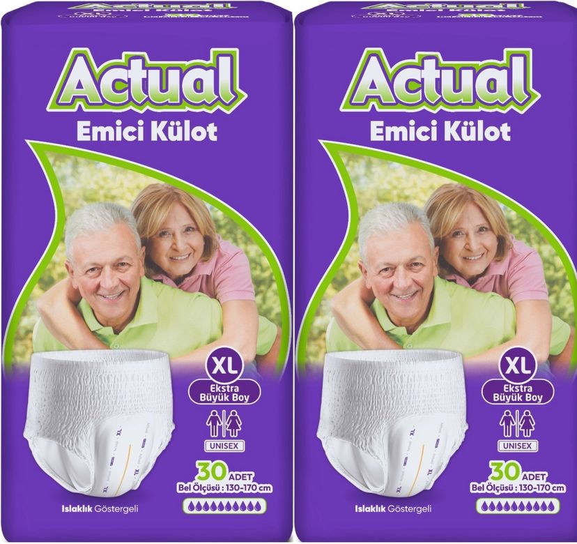 Actual Emici Külot Yetişkin Bezi XL - Extra Large - Ekstra Büyük (Islaklık Göstergeli) 60 Adet (2PK*30)