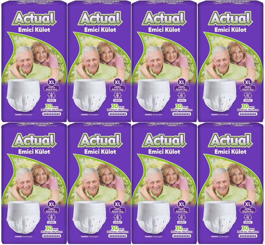 Actual Emici Külot Yetişkin Bezi XL - Extra Large - Ekstra Büyük (Islaklık Göstergeli) 240 Adet (8PK*30)