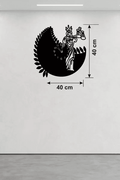Adalet Tanrıçası Themis Tasarım Ahşap Duvar Saati - 40x40 cm Avukat Hediyesi