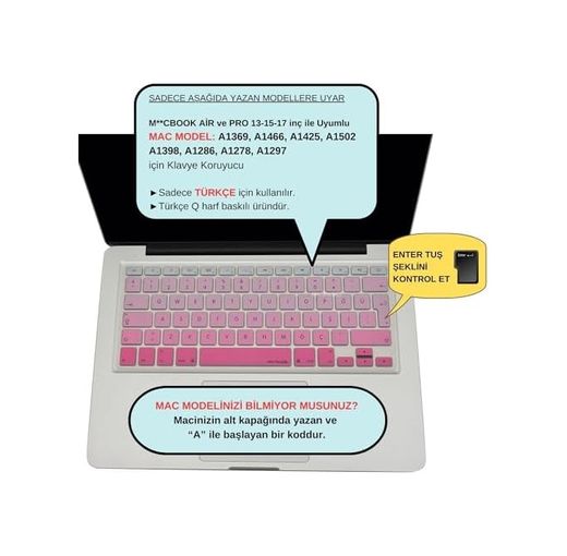 Aebo 131612205 Macbook Silikon Klavye Kaplama Koruyucu Kılıf Macbook Air Pro Eski Usb Li Model 2008/2017 Uyumlu Türkçe Q Renkli Baskı Silikon Pembe