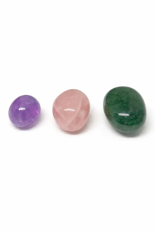 Agatella Tasarım 63782836s Doğal Taş 3’Lü Set – Aventurin, Pembe Kuvars, Ametist – Tamburlu Taş