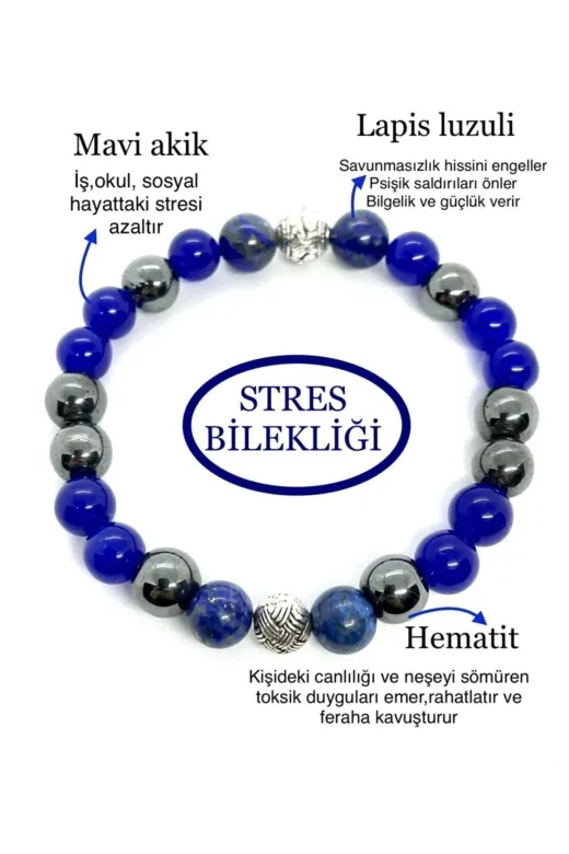 AgateStones dğl1 Unisex Doğaltaş Stres Bilekliği ( Mavi Akik Hematit Lapis Lazuli Doğal Taş Bileklik)