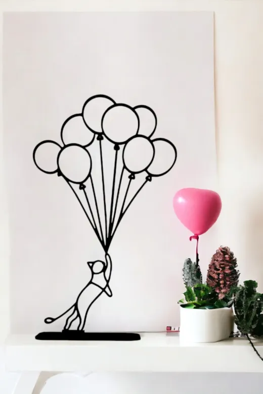 AHWALL AHW3D00024 Geometrik Serisi Premium, Balon Tutan Kedi Dekoratif Biblo & Figür, Masaüstü Stantlı