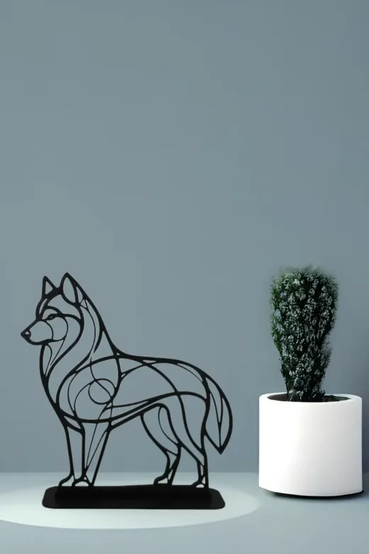 AHWALL AHW3D00025 Geometrik Serisi Premium, Husky Köpek Dekoratif Biblo & Figür, Masaüstü Stantlı