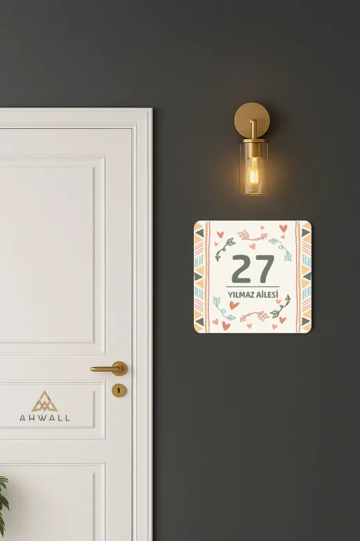 AHWALL AHWALLSBK0017 Kişiye Özel Modern Bohemian, Boho Temalı, Baskılı Ahşap Kapı Numarası