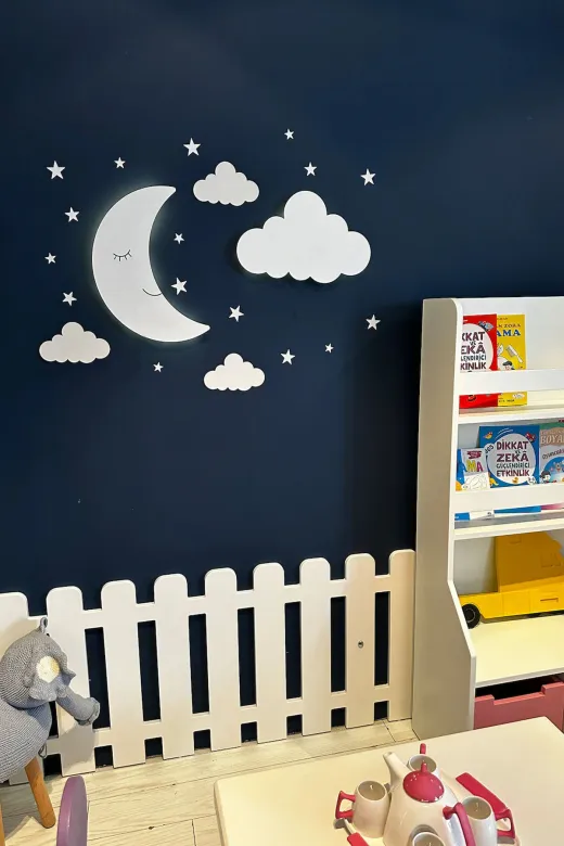 AHWALL AHWAY001 Arkası Ledli Ay, Bulut Temalı Bebek Odası Duvar Dekoru Gece Lambası