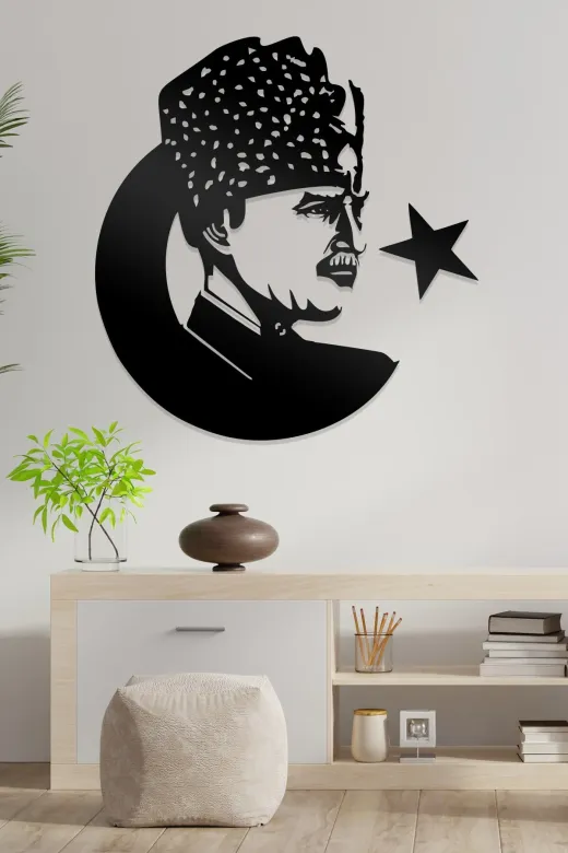 AHWALL AW00005 Atatürk Ve Bayrak Figürlü Dekoratif Ahşap Tablo