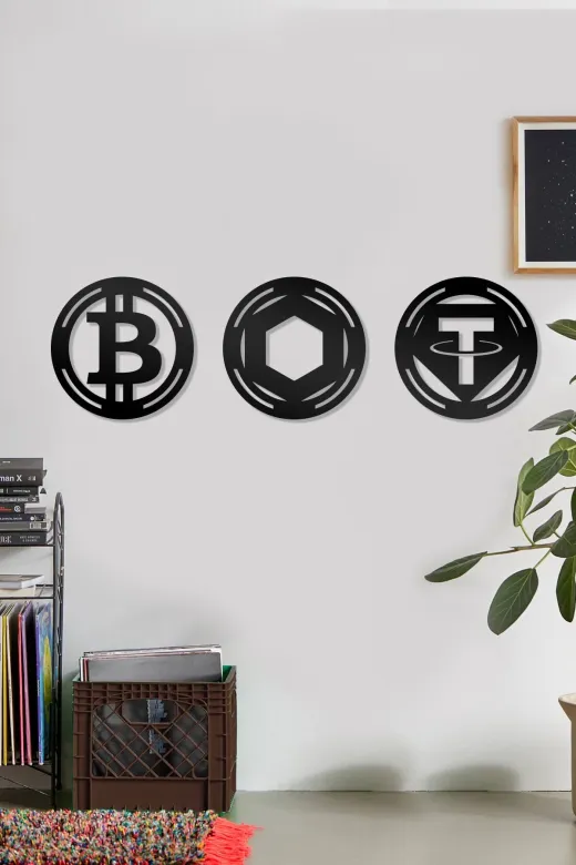 AHWALL AW000155 Bitcoin Ethereum Tether Figürlü Dekoratif Ahşap Tablo