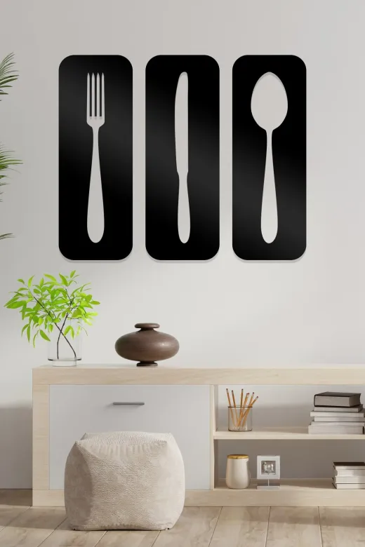 AHWALL AW00049 Çatal, Bıçak, Kaşık Figürlü Dekoratif Ahşap Tablo