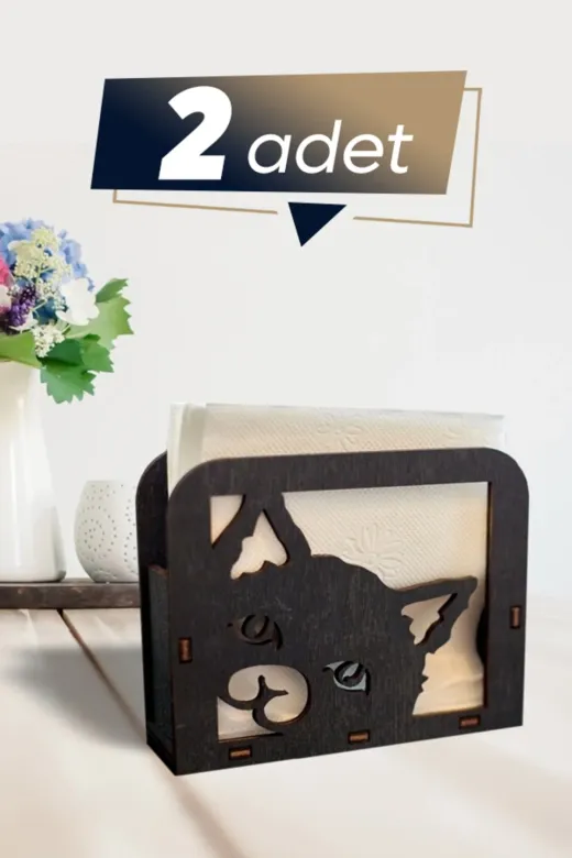 AHWALL AW00352S2 Ahşap Dekoratif Peçetelik Kedi Temalı Desenli Siyah Renk 2 Adet