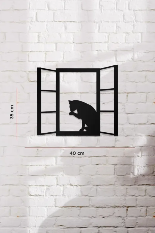 AHWALL AW00369 Penceredeki Kedi Temalı Dekoratif Ahşap Tablo