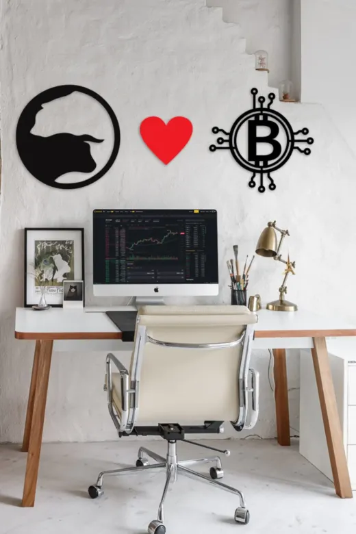 AHWALL AW0SET06 Boğa & Bitcoin Temalı 3 Parça Dekoratif Ahşap Tablo Seti