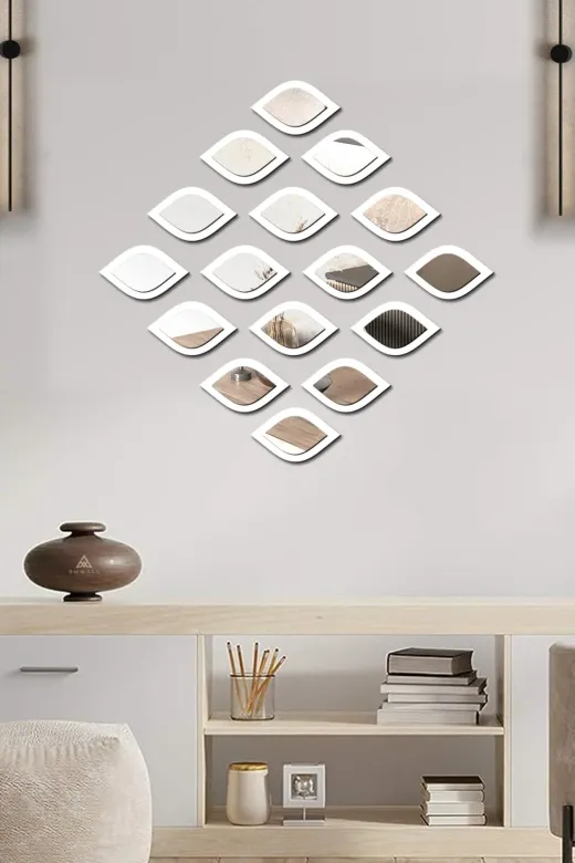 AHWALL AW9202X Su Damlası Dekoratif Ayna Seti Ahşap 16 Adet Pleksi Ayna, Beyaz - Gümüş