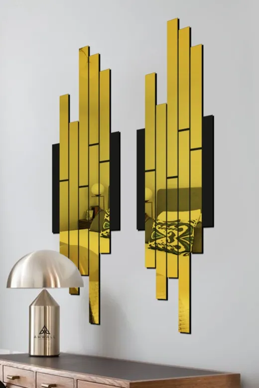 AHWALL AW92103 Mdf Üzeri Aynalı Pleksi Asimetrik Tablo Siyah Gold Ikili Set