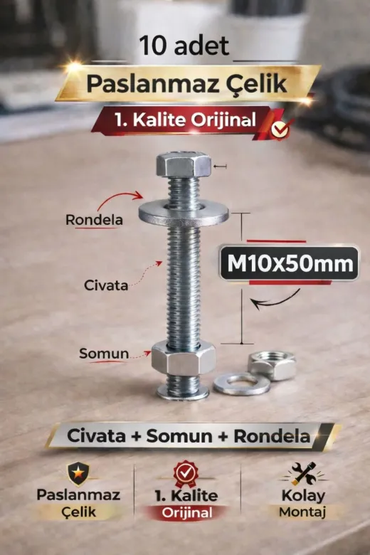 akatsuki civata2 Paslanmaz Çelik Civata + Somun + Rondela Seti (M10X50Mm) – 10 Adet
