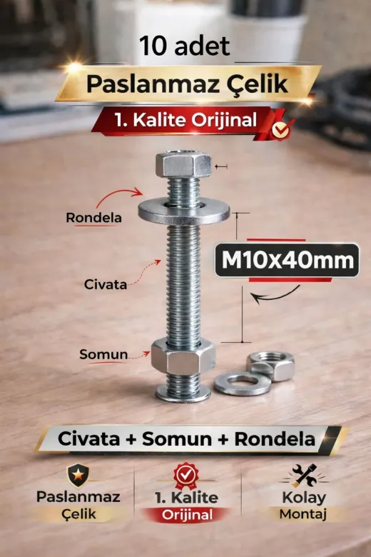 akatsuki M10*40 Paslanmaz Çelik Civata + Somun + Rondela Seti (M10X40Mm) – 10 Adet