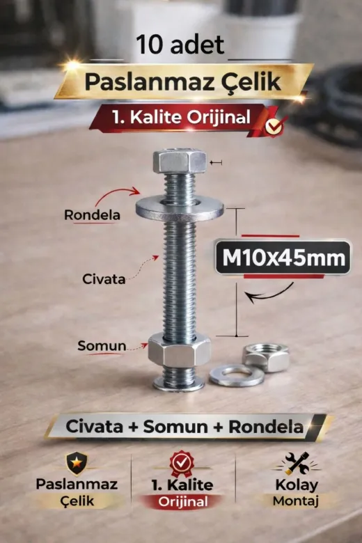 akatsuki M10*45 Paslanmaz Çelik Civata + Somun + Rondela Seti (M10X45Mm) – 10 Adet