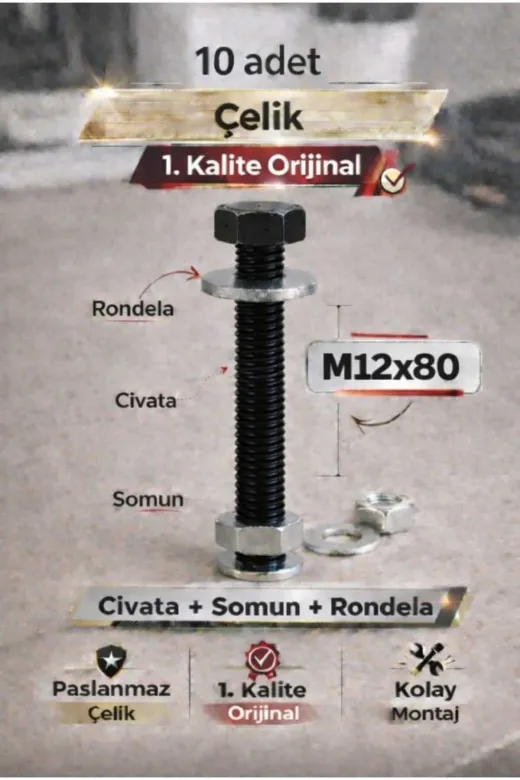 akatsuki m12*80 Paslanmaz Çelik Civata + Somun + Rondela Seti (M12X80Mm) – 10 Adet