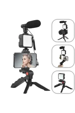 Akıllı Telefon Vlog Kiti Tripod Mini krofonlu Telefon Tutucu