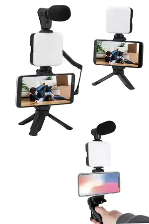 Akıllı Telefon Vlog Kiti Tripod Mini krofonlu Telefon Tutucu