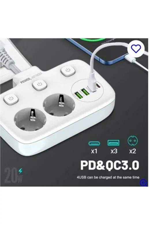 Akım Korumalı 2’li Ayrı Anahtarlı Priz, 2x Priz, 3x USB, 1x Type-C, 2 mt Kablo, Hızlı Şarj